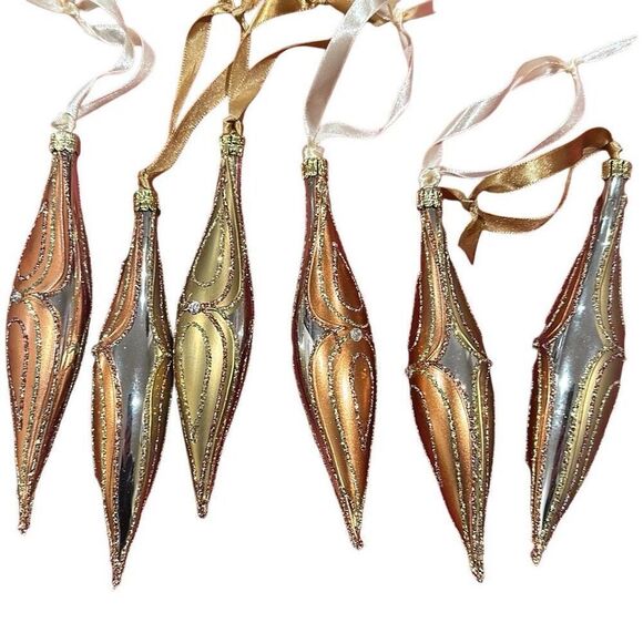 6 hand blown glass Gold Glitter Teardrop Shaped Christmas Ornaments - Picture 1 of 4